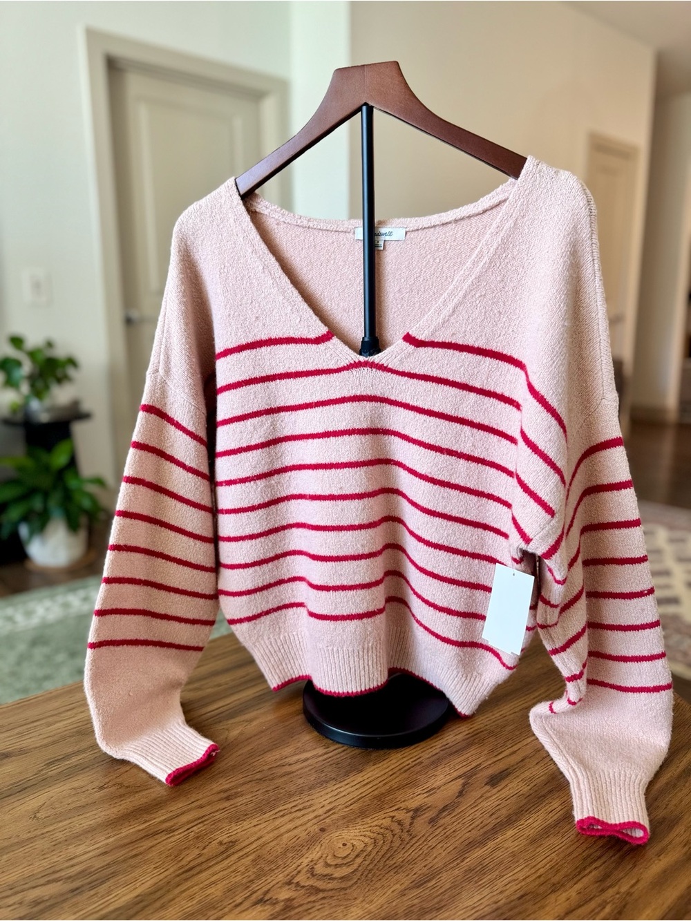 Madewell Pink and Red Striped V-Neck Sweater